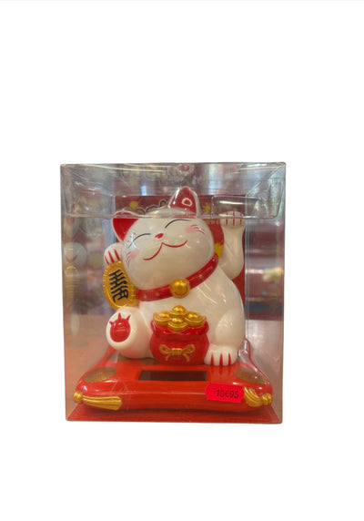 Chat porte chance japonais maneki neko blanc d'environ 25 cm de hauteur et 17 cm de largeur alimenté par l'énergie solaire.