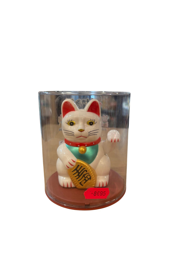 Chat chanceux japonais maneki neko blanc qui hoche la patte alimenté par piles d'environ 14 cm de hauteur et 10 cm de largeur.