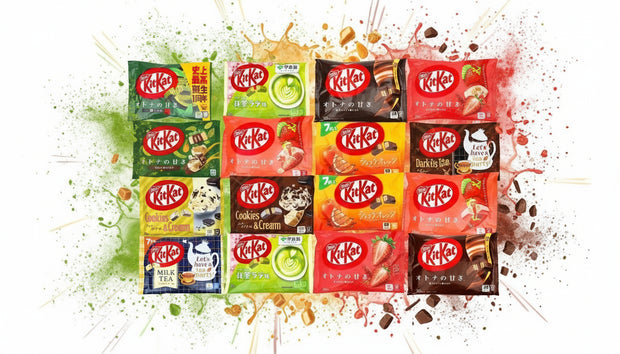 Box de 16 paquets de Kitkat provenant du japon aux goûts fraises,cookies and cream, matcha, matcha latte, chocolat noir, autumn sweets,et milk tea.
