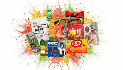 Box composée de plus de 14 produits provenant du Japon, de la Corée du sud ou de la Chine incluant boissons snacks et nouilles.