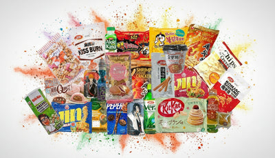 Box composée de plus de 24 produits provenant du Japon, de la Corée du sud ou de la Chine incluant boissons, snacks, nouilles et yopokki.