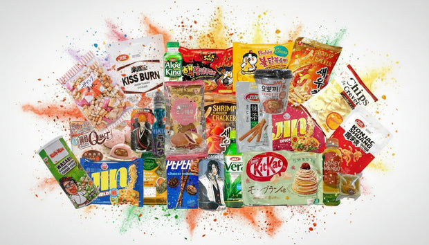 Box composée de plus de 24 produits provenant du Japon, de la Corée du sud ou de la Chine incluant boissons, snacks, nouilles et yopokki.