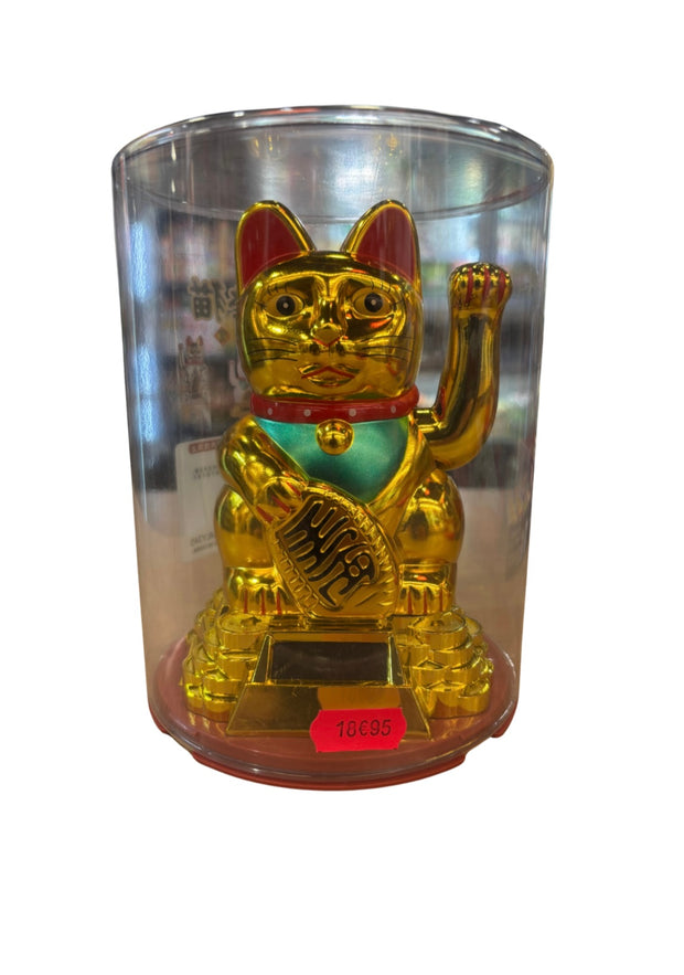 Chat porte chance japonais maneki neko doré d'environ 25 cm de hauteur et 15 cm de largeur alimenté par piles