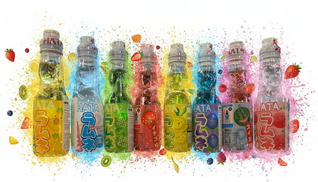 Box de huit bouteilles d'eau pétillante aromatisé, de marque Hata Kosen de 200mL aux goût fraise, ananas, yaourt, citron, myrtille, pastèque, et lychee.