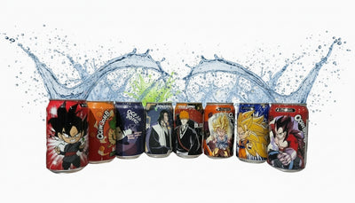 Box de 8 canettes d'eau pétillante aromatisée aux fruits de 33cL avec motifs de personnages d'animés 