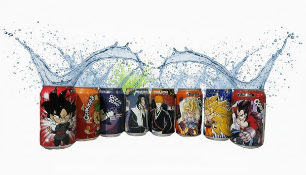 Box de 8 canettes d'eau pétillante aromatisée aux fruits de 33cL avec motifs de personnages d'animés 